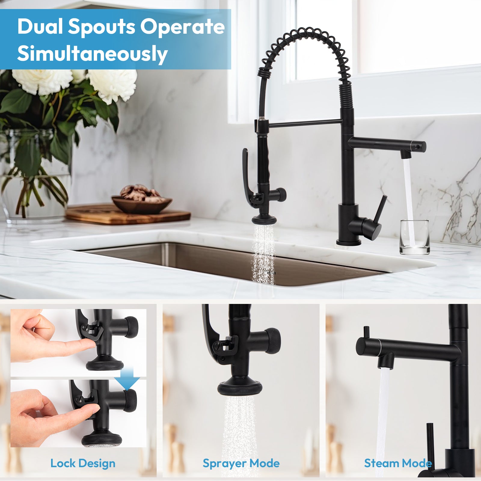 Besdor Commercial Pull Down Kitchen Faucet with Pot Filler Matte Black